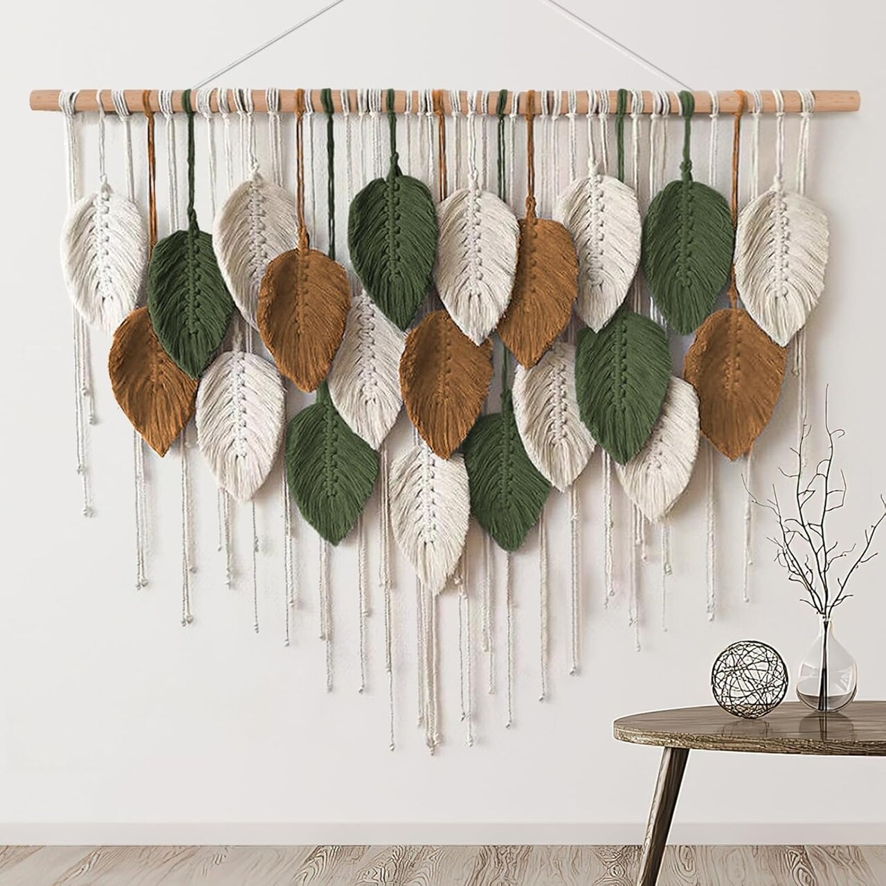 Large Macrame Wall Hanging Boho Woven Tapestry with Leaf and Feather Design, Handmade Modern Bohemian Wall Art for Apartment, Dorm, Living Room, Bedroom, or Nursery, 39"W x 29.5"L